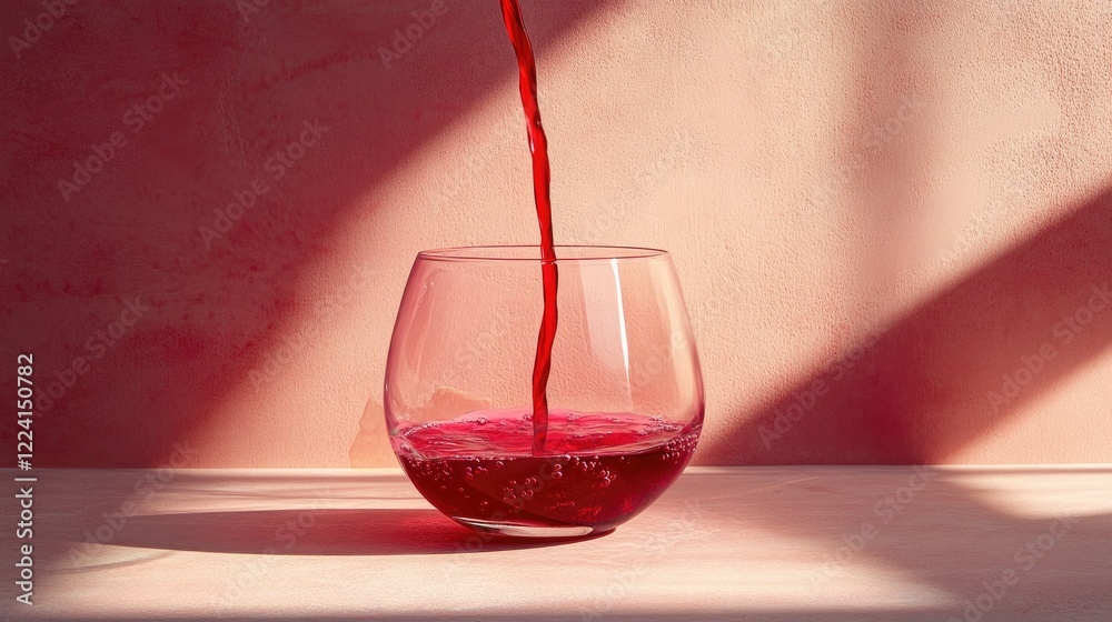 Poster a vibrant red stream of cranberry syrup pouring into a glass, frozen mid-motion on a clean, minimali