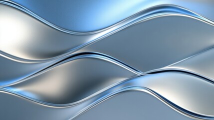 A sleek metallic curve background with smooth reflective waves and a gradient of silver and blue tones, rendered in 3D