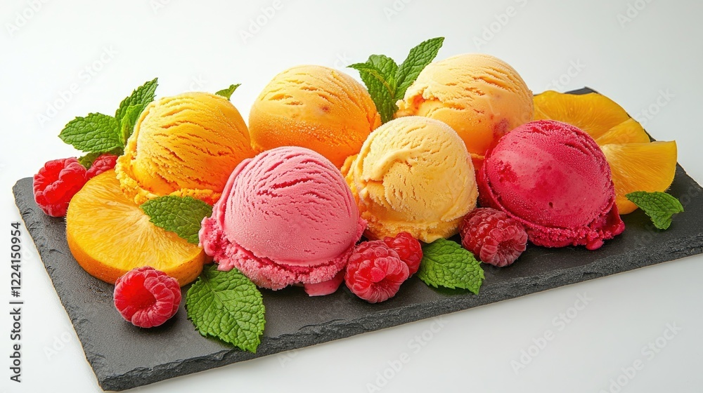 Poster a visually stunning display of vibrant fruit-based ice cream scoops on a slate board, garnished with