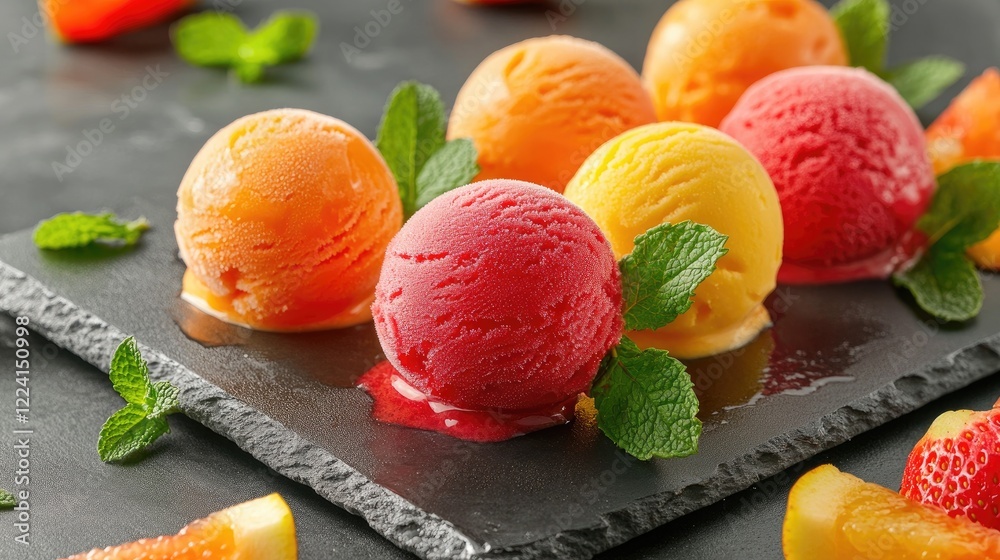 Poster a visually stunning display of vibrant fruit-based ice cream scoops on a slate board, garnished with