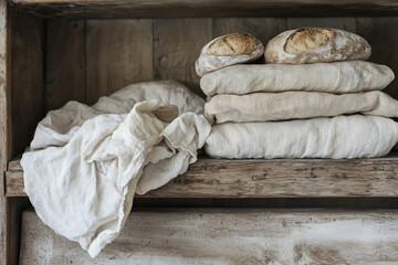 Freshly baked artisanal bread resting on a rustic wooden shelf with linen cloth, creating a cozy atmosphere