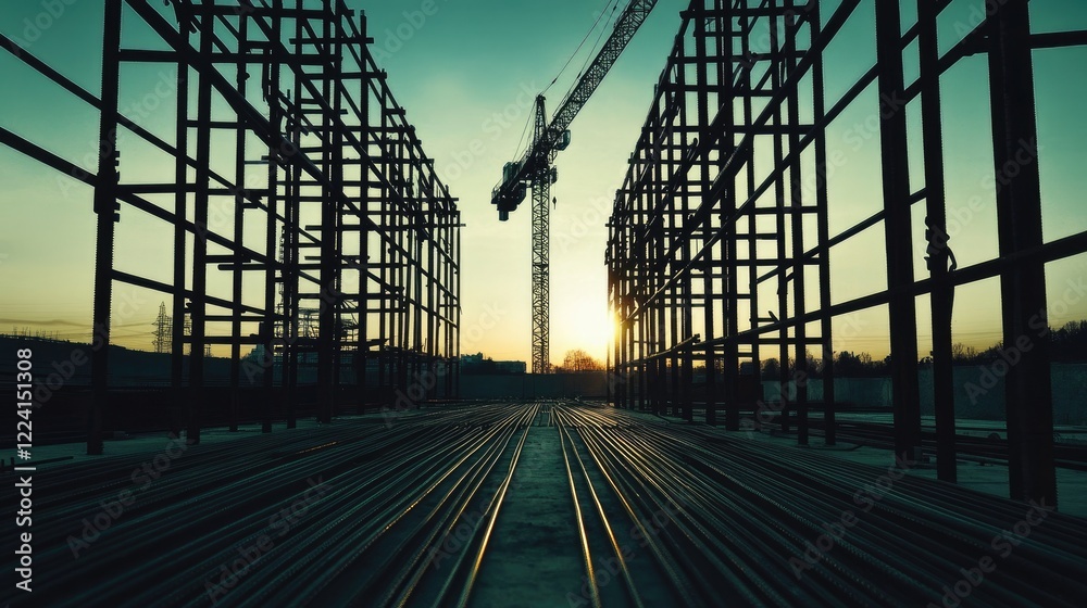 Poster a wide-angle perspective of metal bars converging toward a crane in the distance, with a dusky sky c