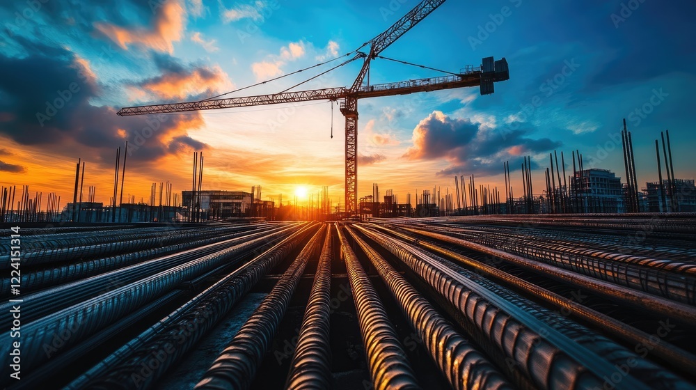 Poster a wide-angle perspective of metal bars converging toward a crane in the distance, with a dusky sky c
