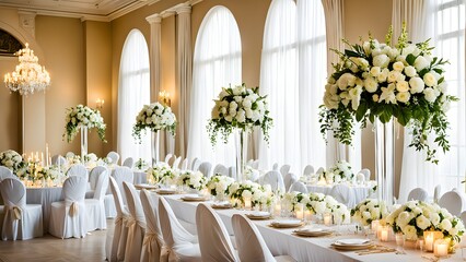 Elegant wedding reception table setting with white floral arrangements and candlelight in a luxurious ballroom.