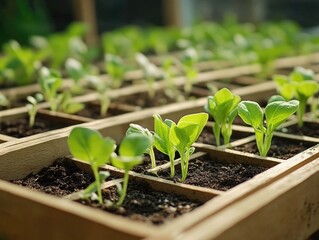 A row of small plants are growing in wooden planters