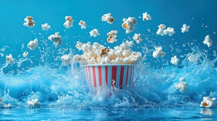 Popcorn splash, blue background, movie snack