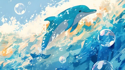 Naklejka premium Dolphin swimming in water, surrounded by bubbles.