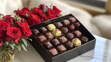 Beautiful box of assorted chocolates paired with lush red roses for Valentine Day.