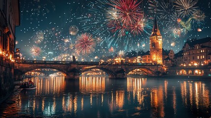 Night Fireworks over City Bridge