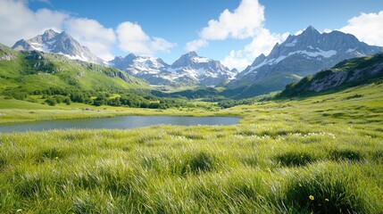 Fototapeta premium Majestic snow-capped mountain peaks overlook a serene alpine lake and lush green valley under bright blue skies.