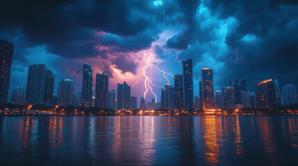 Lightning bolts striking a city skyline, lighting up tall buildings and casting dramatic shadows