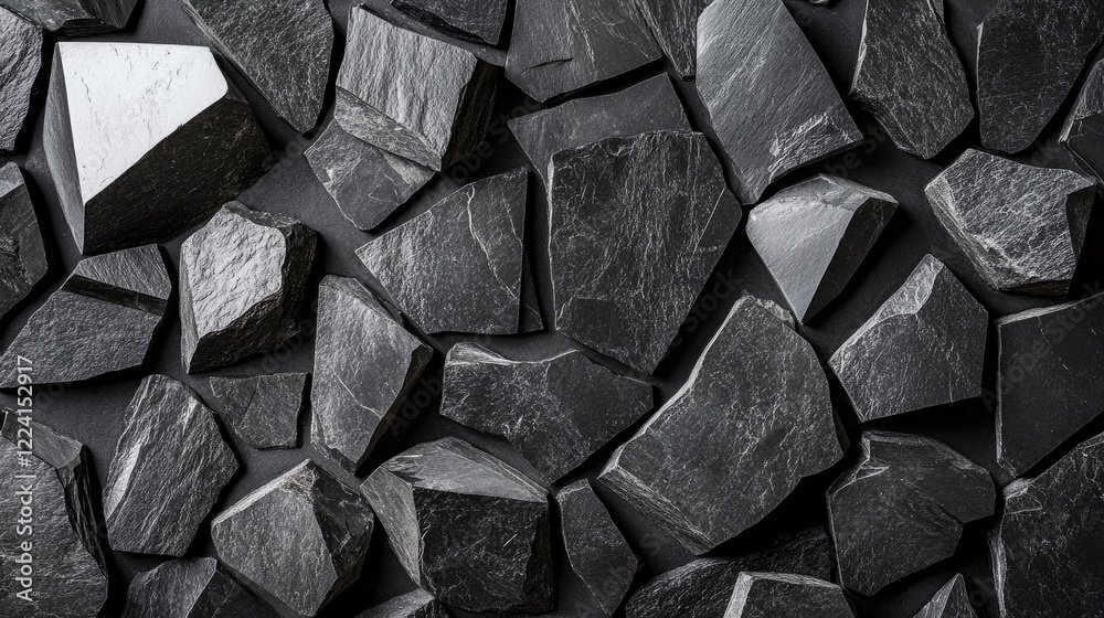 Poster abstract arrangement of black stones and rocks in geometric shapes, forming a minimalist pattern tha
