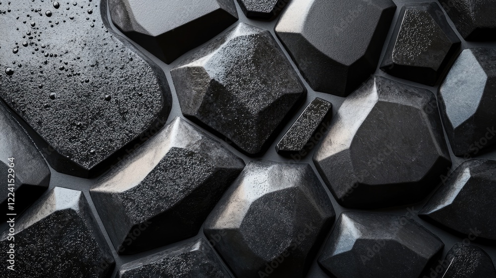 Poster abstract arrangement of black stones and rocks in geometric shapes, forming a minimalist pattern tha
