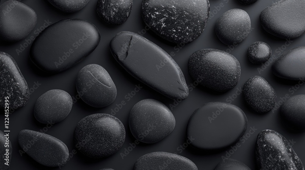 Poster abstract arrangement of black stones and rocks in geometric shapes, forming a minimalist pattern tha