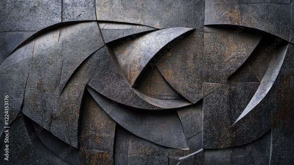 Poster Abstract composition of black geometric stone shapes with intricate textures, illuminated by dynamic lighting effects, creating a bold and modern artistic scene