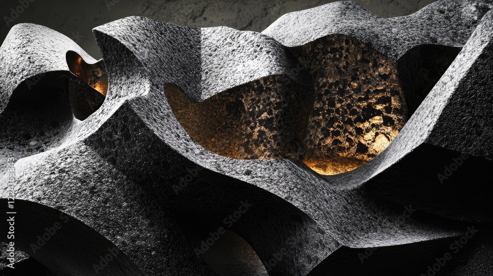 Poster abstract composition of black geometric stone shapes with intricate textures, illuminated by dynamic