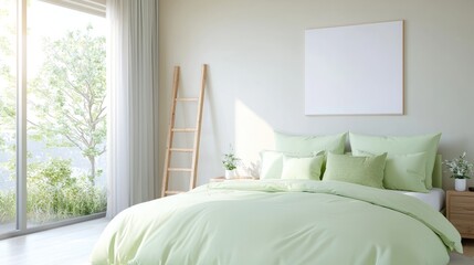 Fototapeta premium Minimalist bedroom interior featuring a bed with light green bedding and a blank canvas on the wall during daytime.