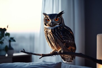 A large owl is perched on a branch in front of a window