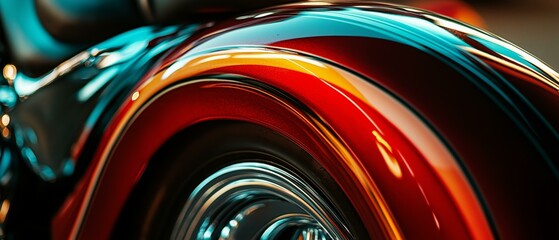 Close-up of a Custom Motorcycle Fender with Vibrant Red, Orange, and Teal Paint Job - Automotive Photography