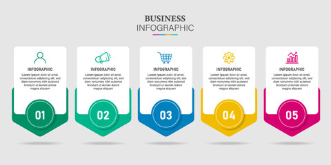 Infographic business model with 5 successive steps. 5 colorful rectangular elements. Timeline design for brochure, presentation. Infographic design layout