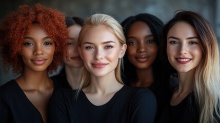 Obraz premium Diverse young women, modern workplace friendship, inclusive community spirit, casual setting group portrait