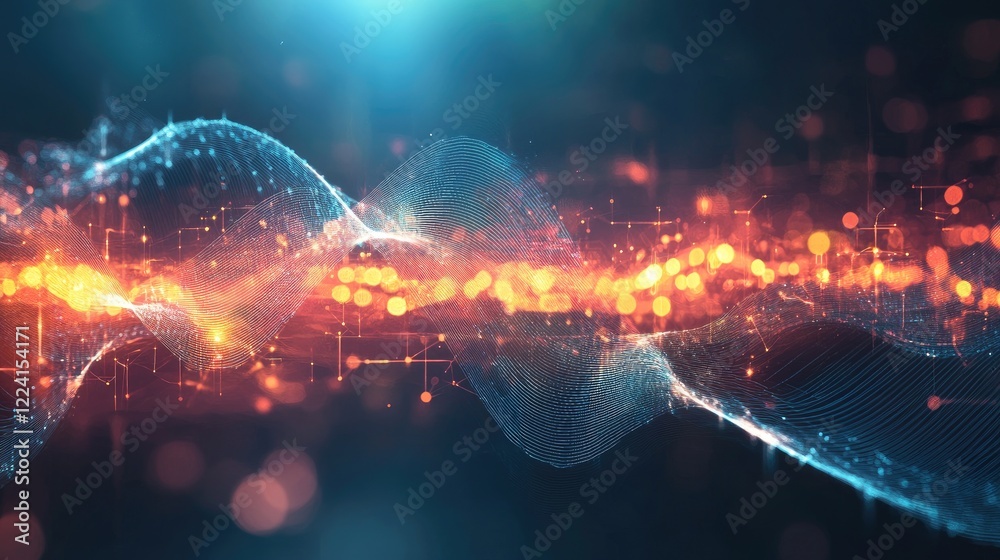 Poster Abstract visual of gravity and magnetic energy balanced in harmony, with flowing lines and glowing waveforms pulsating across the composition