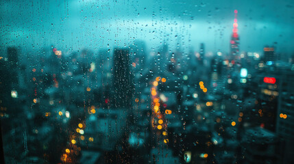 Rain cascading down a glass window with blurred city lights creating a moody ambiance