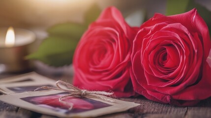 Romantic Red Roses with Candlelight and Vintage Photos on Rustic Wooden Table