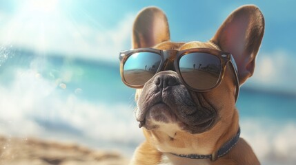 Adorable French bulldog with sunglasses, enjoying a sunny beach day with a backdrop of golden sand and gentle ocean waves