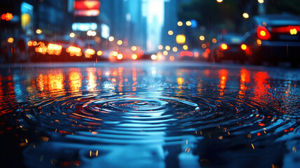 Rain creating ripples in a large puddle on a city street, reflecting surrounding lights