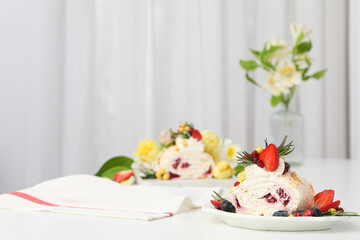 Meringue roll, concept of tasty and delicious food