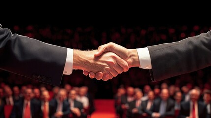 Philanthropic handshake at charity auction candid view of bidding paddles in crowd inspirational fundraising event