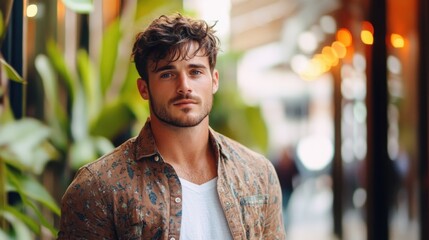 Young trendy man posing in a bright outdoor setting with urban vibes