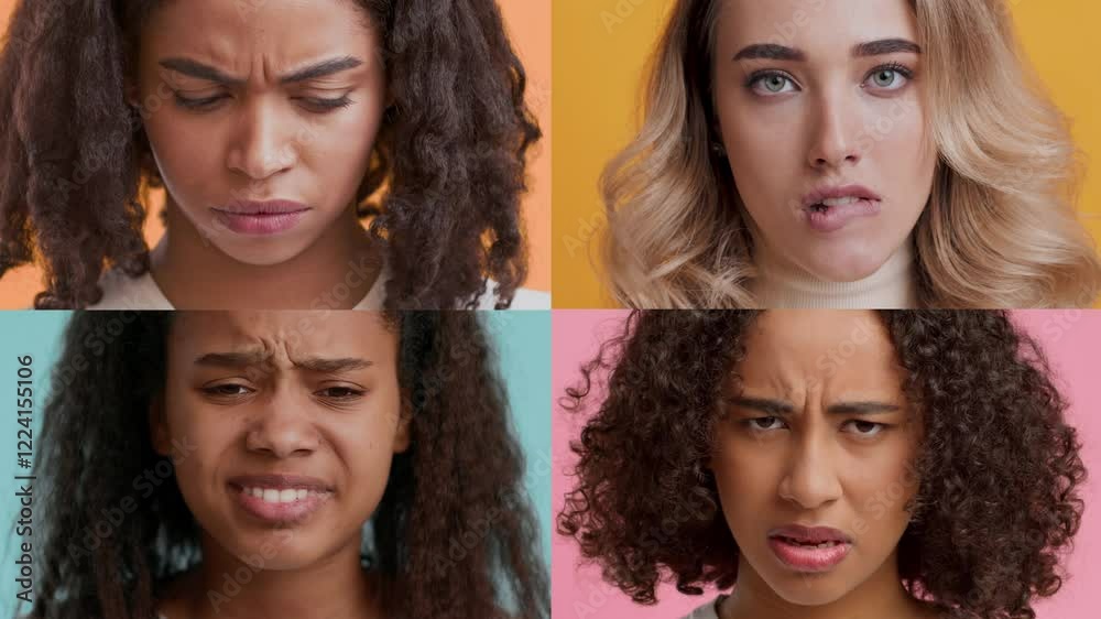 Poster A collection of four individuals showcases a range of emotions, each person displaying thoughtful expressions. The setting features vibrant background colors, enhancing their diverse characteristics.