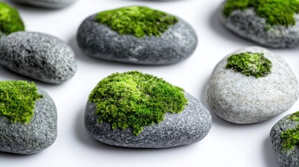 An up-close view of moss-covered stones with delicate textures, placed on a pristine white surface, combining natural elements with a modern design aesthetic