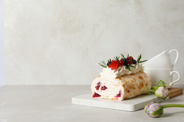 Meringue roll, concept of tasty and delicious food