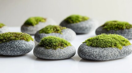An up-close view of moss-covered stones with delicate textures, placed on a pristine white surface, combining natural elements with a modern design aesthetic