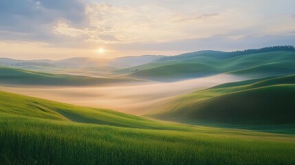 Fototapeta premium Morning serenity lush green landscapes bathed in sunlight capturing tranquility and exploration nature medium shot