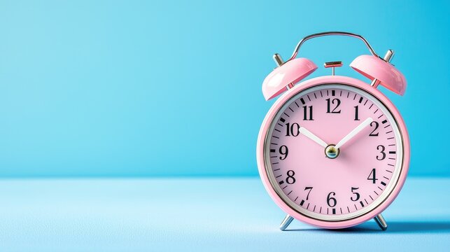 Pink alarm clock on blue background; time management concept;  website banner