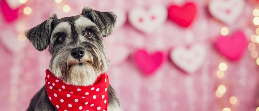 Adorable Miniature Schnauzer Puppy with Red Polka Dot Bandana, Valentine's Day Theme, Pink Heart Background