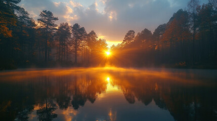 Fototapeta premium The sun breaking through a dense fog over a quiet, peaceful lake
