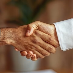 Fototapeta premium Contract signing handshake in corporate conference room over-the-shoulder perspective serious business environment