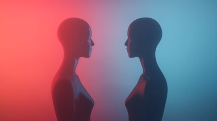 Fototapeta premium Two abstract human figures connected by a glowing bond, symbolizing unity and connection in a minimalist design.