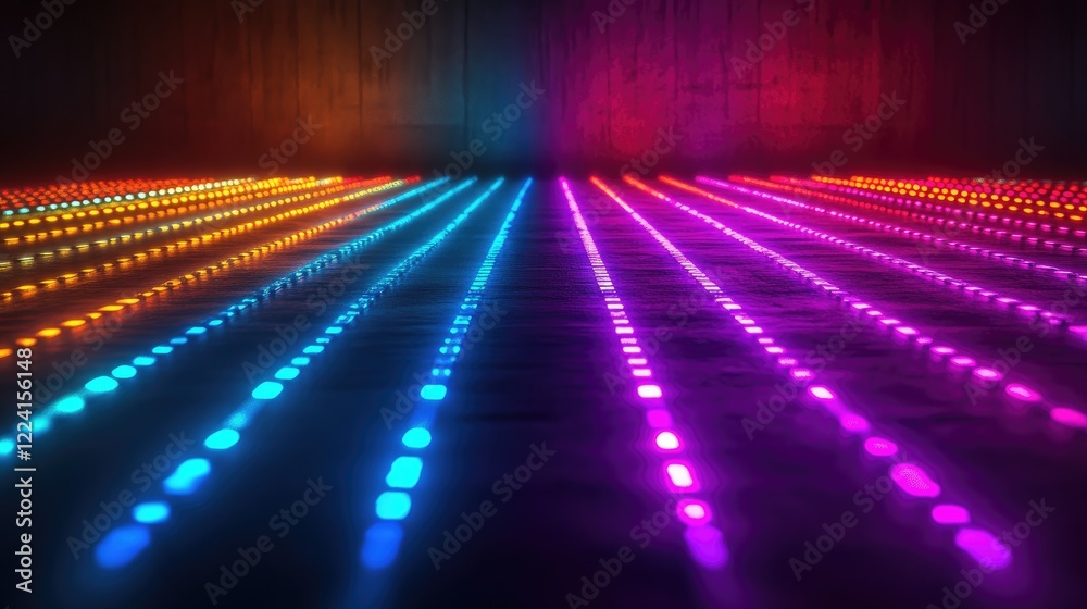 Poster bright multicolor led lights illuminating a dark room, creating a vibrant, dynamic ambiance with a s