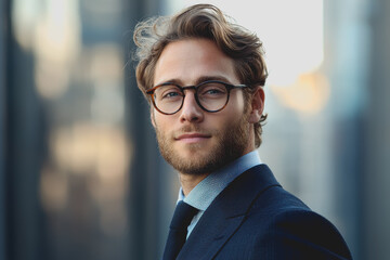Fototapeta premium Man wearing glasses and a suit standing confidently in a modern office environment with a neutral background and professional demeanor