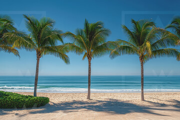Obraz premium Tropical beach scene featuring palm trees sandy shoreline and clear blue sky with no people present perfect for vacation or relaxation themes