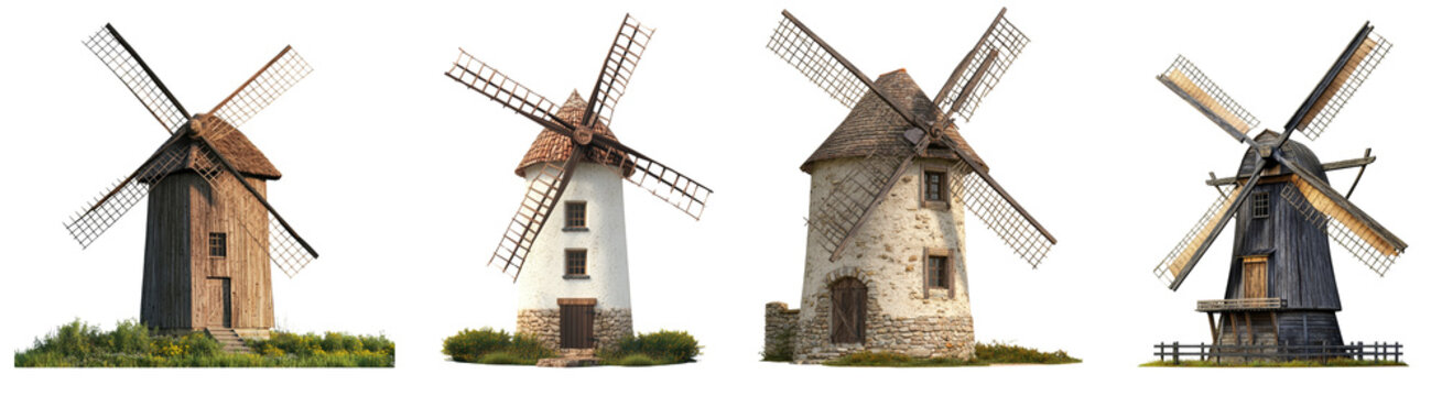 The image displays four distinct styles of old windmills, each with unique architectural features and materials, arranged in a row.
