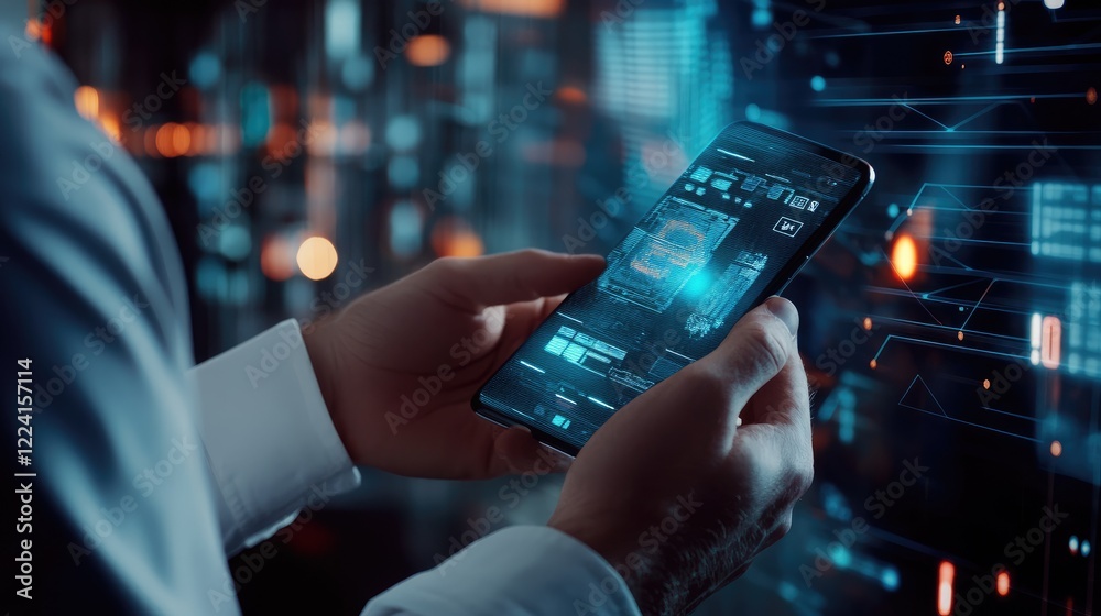Aufkleber businessman shopping online using smartphone with shopping cart interface and virtual marketplace co