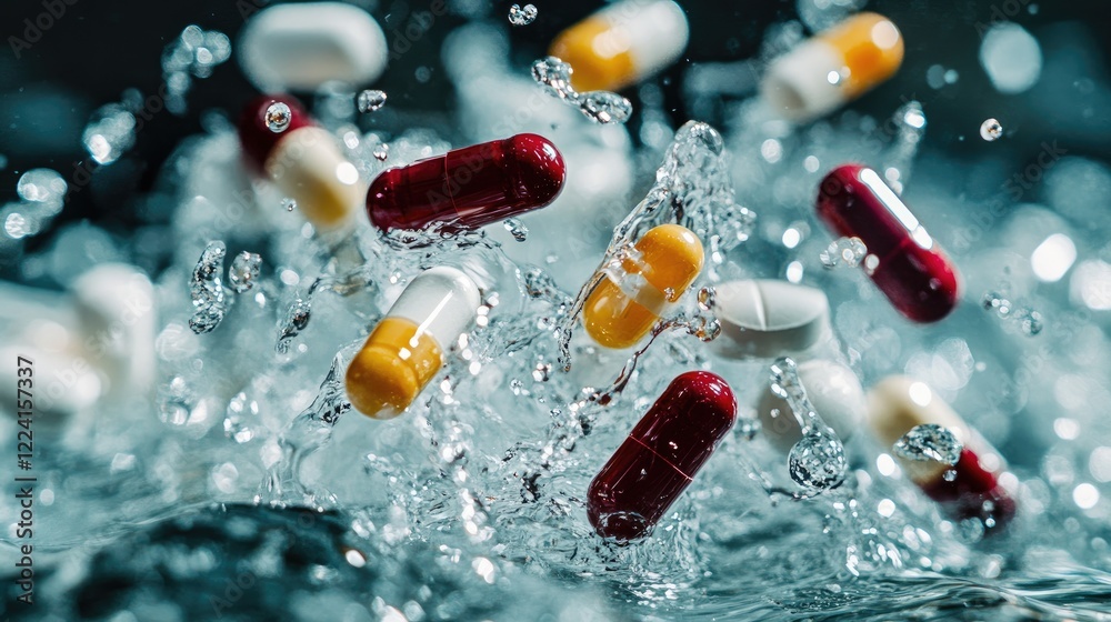 Poster capsules and pills falling into water with splashes frozen in time, symbolizing health and wellness,