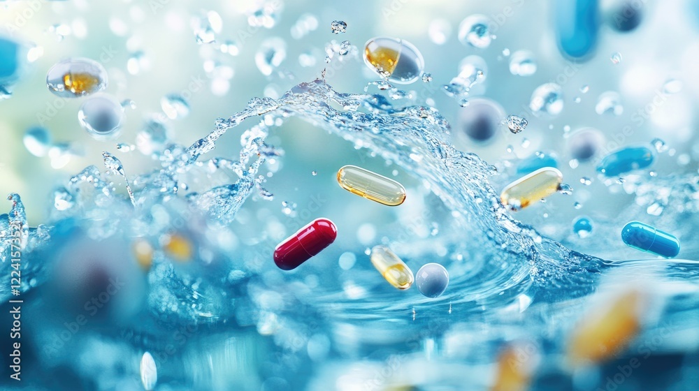 Poster capsules and pills falling into water with splashes frozen in time, symbolizing health and wellness,